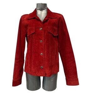 Vintage Y2K Skotts RED Suede Trucker Jacket Washable Genuine Leather Women Sz Sm
